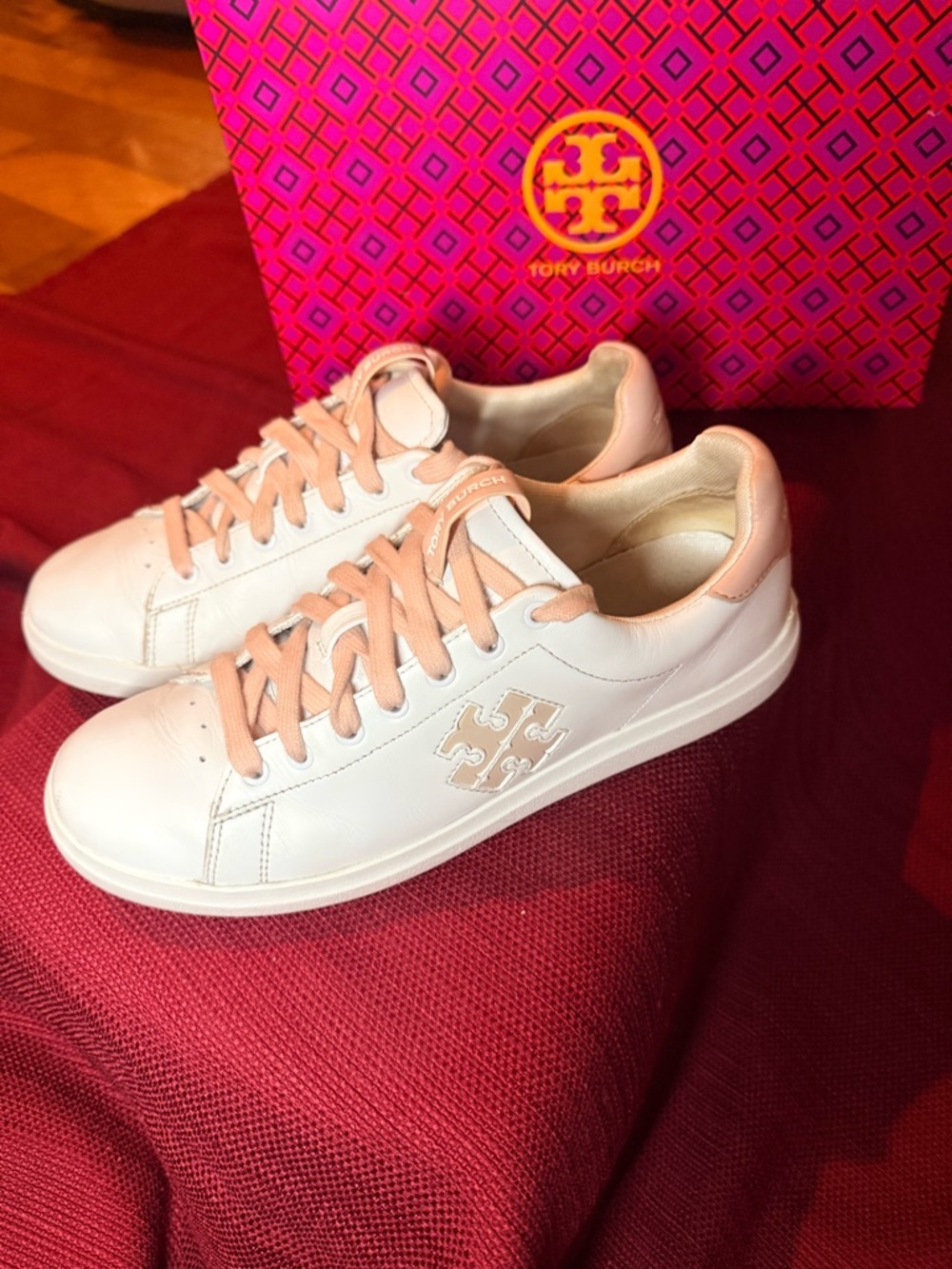 Tory Burch Titanium White & Pink Double T Howell Court Sneakers